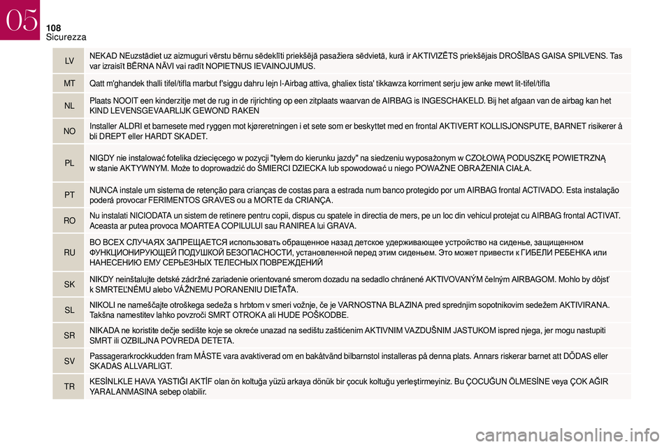 CITROEN DS3 2018 Libretti Di Uso E manutenzione (in Italian) 108
LVNEK AD NEuzstādiet uz aizmuguri vērstu bērnu sēdeklīti priekšējā pasažiera sēdvietā, kurā ir AKTIVIZĒTS priekšējais DROŠĪBAS GAISA SPILVENS. Ta CITROEN DS3 2018 Libretti Di Uso E manutenzione (in Italian) 108
LVNEK AD NEuzstādiet uz aizmuguri vērstu bērnu sēdeklīti priekšējā pasažiera sēdvietā, kurā ir AKTIVIZĒTS priekšējais DROŠĪBAS GAISA SPILVENS. Ta