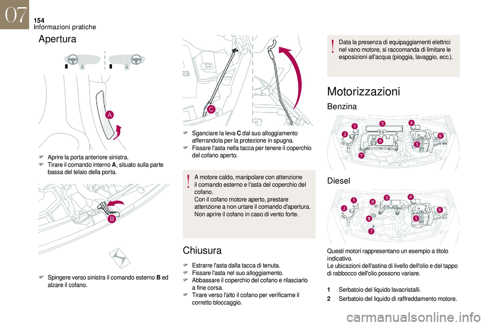 CITROEN DS3 2018  Libretti Di Uso E manutenzione (in Italian) 154
Apertura
F Aprire la porta anteriore sinistra.
F Tirare il comando interno A , situato sulla parte 
bassa del telaio della porta.
F
 S

pingere verso sinistra il comando esterno B  ed 
alzare il c