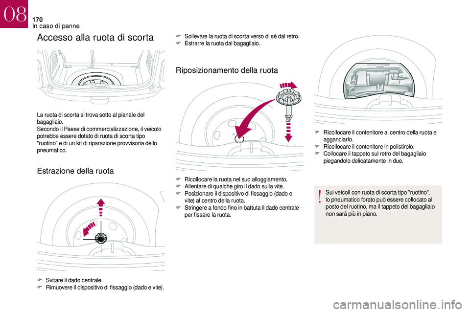 CITROEN DS3 2018  Libretti Di Uso E manutenzione (in Italian) 170
Accesso alla ruota di scorta
Estrazione della ruotaRiposizionamento della ruota
La ruota di scorta si trova sotto al pianale del 
bagagliaio.
Secondo il Paese di commercializzazione, il veicolo 
p