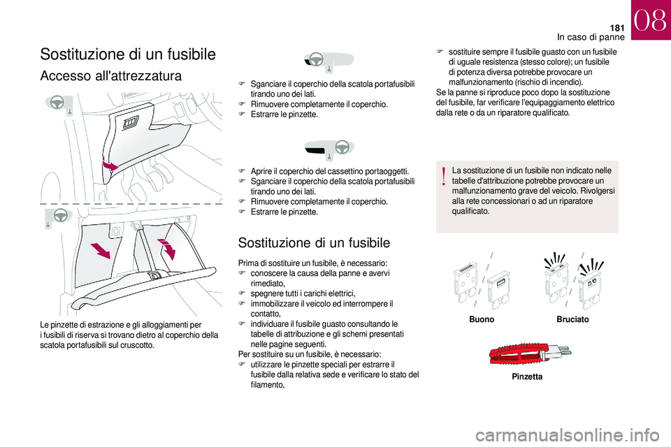 CITROEN DS3 2018  Libretti Di Uso E manutenzione (in Italian) 181
Sostituzione di un fusibile
Accesso all'attrezzatura
Le pinzette di estrazione e gli alloggiamenti per 
i  fusibili di riser va si trovano dietro al coperchio della 
scatola portafusibili sul 