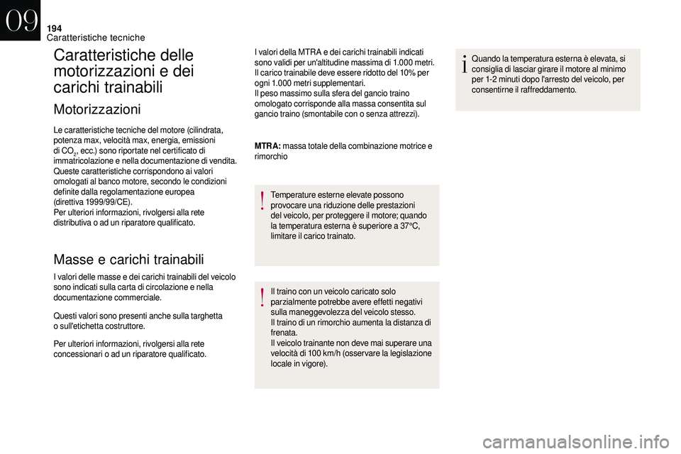 CITROEN DS3 2018  Libretti Di Uso E manutenzione (in Italian) 194
Caratteristiche delle 
motorizzazioni e dei 
carichi trainabili
Motorizzazioni
Le caratteristiche tecniche del motore (cilindrata, 
potenza max, velocità max, energia, emissioni 
di CO
2, ecc.) s
