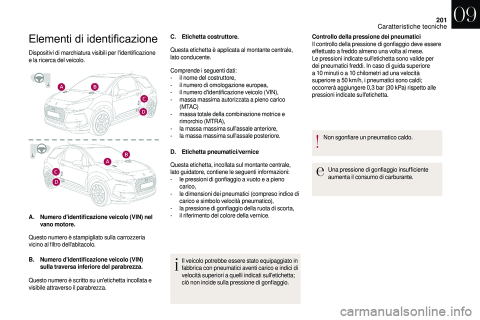 CITROEN DS3 2018  Libretti Di Uso E manutenzione (in Italian) 201
Elementi	di	identificazione
Dispositivi di marchiatura visibili per l'identificazione 
e la ricerca del veicolo.
A.Numero d'identificazione veicolo (VIN) nel 
vano motore.
B. Numero d'