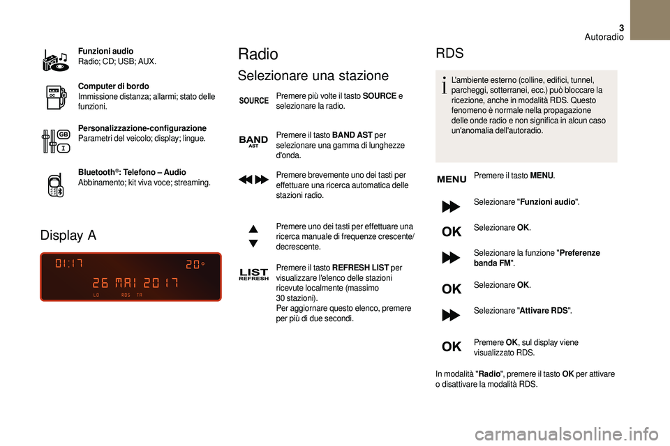 CITROEN DS3 2018  Libretti Di Uso E manutenzione (in Italian) 3
Funzioni audio
Radio; CD; USB; AUX.
Computer di bordo
Immissione distanza; allarmi; stato delle 
funzioni.
Personalizzazione-configurazione
Parametri del veicolo; display; lingue.
Bluetooth
®: Tele