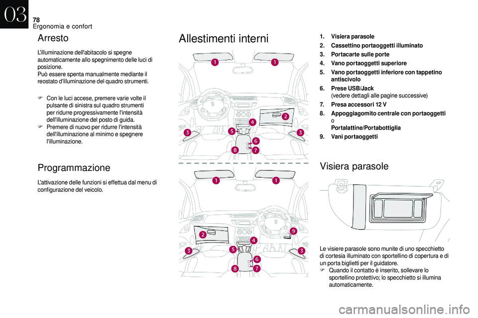 CITROEN DS3 2018  Libretti Di Uso E manutenzione (in Italian) 78
Arresto
L'illuminazione dell'abitacolo si spegne 
automaticamente allo spegnimento delle luci di 
posizione.
Può essere spenta manualmente mediante il 
reostato d'illuminazione del qua