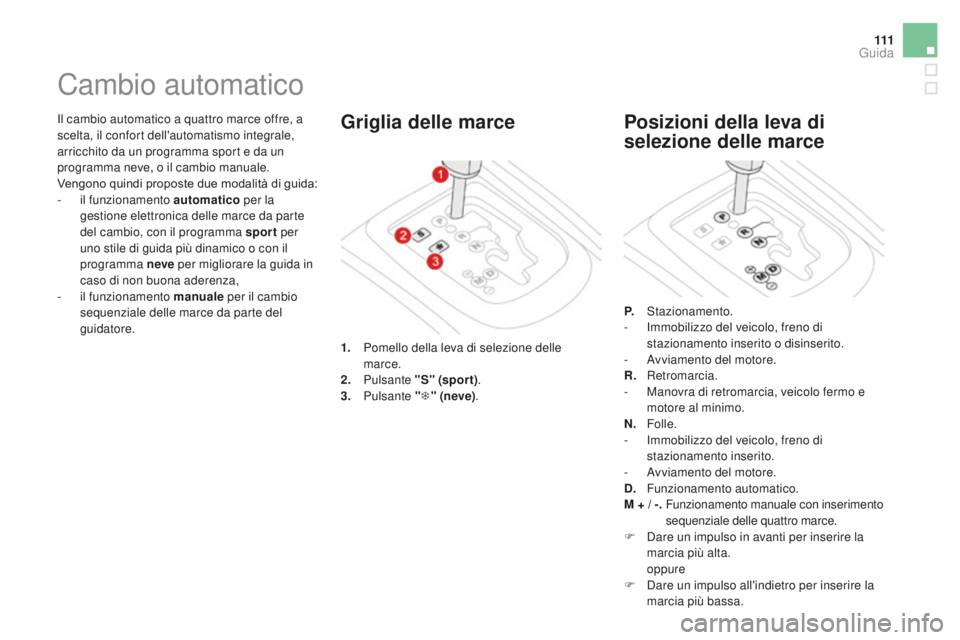CITROEN DS3 2017 Libretti Di Uso E manutenzione (in Italian) 111
DS3_it_Chap04_conduite_ed02-2015
Il cambio automatico a quattro marce offre, a
scelta, il confort dell'automatismo integrale,
arricchito da un programma sport e da un
programma neve, o il c CITROEN DS3 2017 Libretti Di Uso E manutenzione (in Italian) 111
DS3_it_Chap04_conduite_ed02-2015
Il cambio automatico a quattro marce offre, a
scelta, il confort dell'automatismo integrale,
arricchito da un programma sport e da un
programma neve, o il c