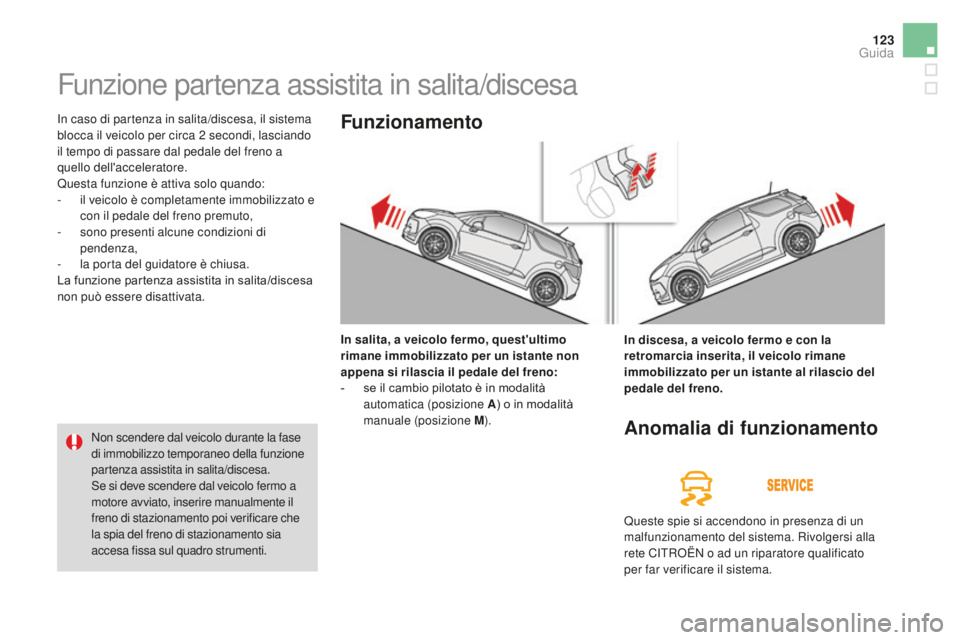 CITROEN DS3 2017 Libretti Di Uso E manutenzione (in Italian) 123
DS3_it_Chap04_conduite_ed02-2015
Funzione partenza assistita in salita/discesa
In caso di partenza in salita/discesa, il sistema
blocca il veicolo per circa 2 secondi, lasciando
il tempo di pass CITROEN DS3 2017 Libretti Di Uso E manutenzione (in Italian) 123
DS3_it_Chap04_conduite_ed02-2015
Funzione partenza assistita in salita/discesa
In caso di partenza in salita/discesa, il sistema
blocca il veicolo per circa 2 secondi, lasciando
il tempo di pass
