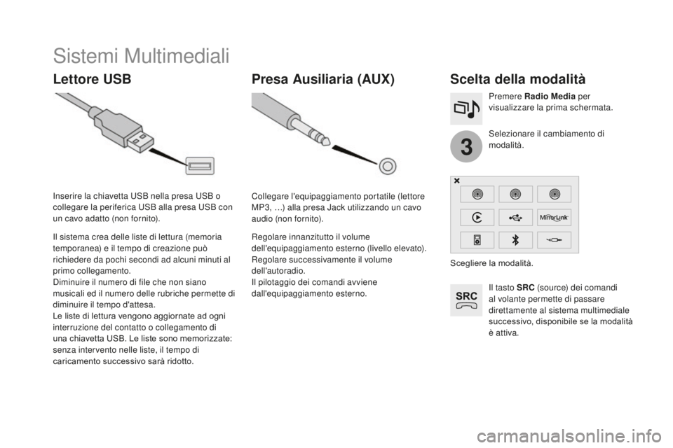 CITROEN DS3 2017 Libretti Di Uso E manutenzione (in Italian) 3
DS3_it_Chap11c_SMEGplus_ed02-2015
Sistemi Multimediali
Lettore uSBS celta della modalità
Il tasto SRC (source) dei comandi
al volante permette di passare
direttamente al sistema multimediale
suc CITROEN DS3 2017 Libretti Di Uso E manutenzione (in Italian) 3
DS3_it_Chap11c_SMEGplus_ed02-2015
Sistemi Multimediali
Lettore uSBS celta della modalità
Il tasto SRC (source) dei comandi
al volante permette di passare
direttamente al sistema multimediale
suc