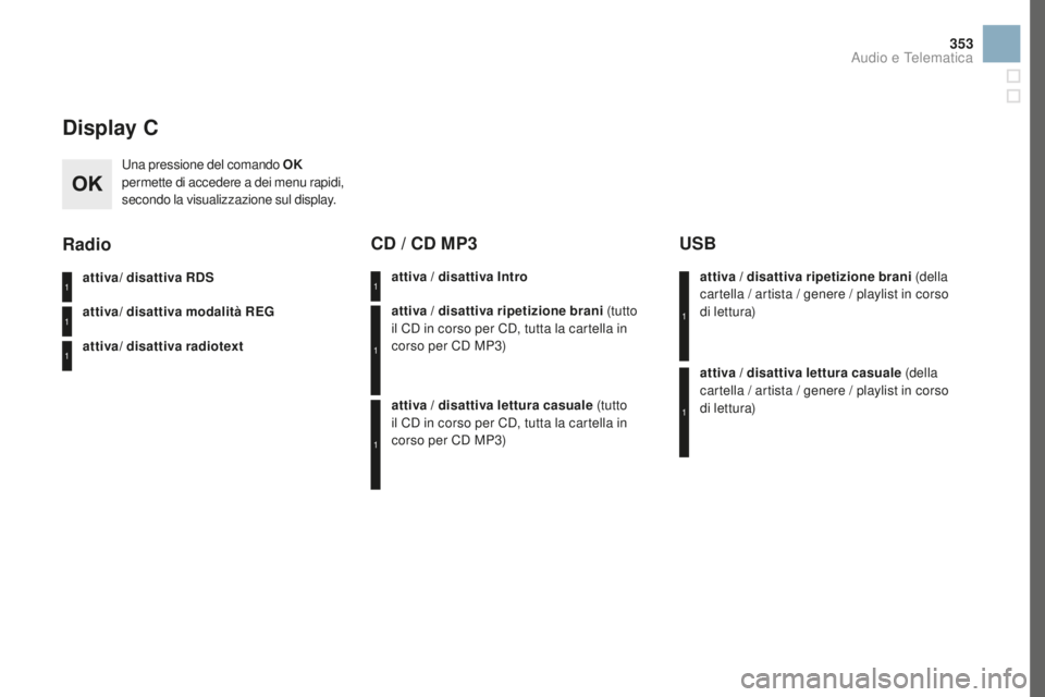 CITROEN DS3 2017 Libretti Di Uso E manutenzione (in Italian) 353
DS3_it_Chap11d_RD45_ed02-2015
Display C
Una pressione del comando oK
pe rmette di accedere a dei menu rapidi,
secondo la visualizzazione sul display.
attiva/ disattiva RDS
attiva/ disattiva moda CITROEN DS3 2017 Libretti Di Uso E manutenzione (in Italian) 353
DS3_it_Chap11d_RD45_ed02-2015
Display C
Una pressione del comando oK
pe rmette di accedere a dei menu rapidi,
secondo la visualizzazione sul display.
attiva/ disattiva RDS
attiva/ disattiva moda