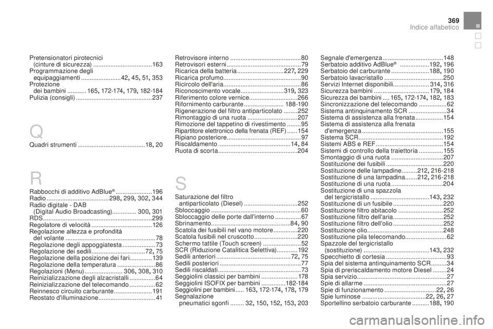 CITROEN DS3 2017 Libretti Di Uso E manutenzione (in Italian) 369
DS3_it_Chap12_index-recherche_ed02-2015
Rabbocchi di additivo AdBlue® .....................19 6
R
adio ...............
..................... 298, 299 , 302, 344
Radio digitale - DAB (Digital Au CITROEN DS3 2017 Libretti Di Uso E manutenzione (in Italian) 369
DS3_it_Chap12_index-recherche_ed02-2015
Rabbocchi di additivo AdBlue® .....................19 6
R
adio ...............
..................... 298, 299 , 302, 344
Radio digitale - DAB (Digital Au