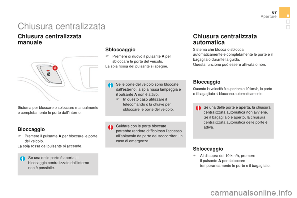 CITROEN DS3 2017 Libretti Di Uso E manutenzione (in Italian) 67
DS3_it_Chap02_ouvertures_ed02-2015
Sistema per bloccare o sbloccare manualmente
e completamente le porte dall'interno.
Chiusura centralizzata
Chiusura centralizzata
manuale
Sbloccaggio
F Prem CITROEN DS3 2017 Libretti Di Uso E manutenzione (in Italian) 67
DS3_it_Chap02_ouvertures_ed02-2015
Sistema per bloccare o sbloccare manualmente
e completamente le porte dall'interno.
Chiusura centralizzata
Chiusura centralizzata
manuale
Sbloccaggio
F Prem