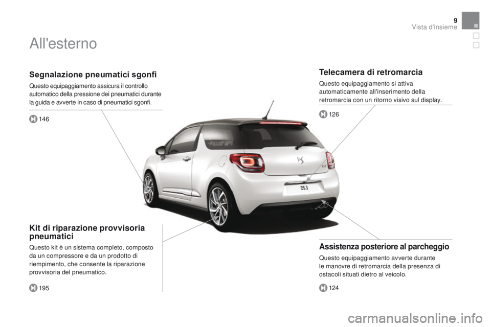CITROEN DS3 2016 Libretti Di Uso E manutenzione (in Italian) 9
DS3_it_Chap00b_vue-ensemble_ed01-2015
Segnalazione pneumatici sgonfi
Questo equipaggiamento assicura il controllo
automatico della pressione dei pneumatici durante
la guida e avverte in caso di pn CITROEN DS3 2016 Libretti Di Uso E manutenzione (in Italian) 9
DS3_it_Chap00b_vue-ensemble_ed01-2015
Segnalazione pneumatici sgonfi
Questo equipaggiamento assicura il controllo
automatico della pressione dei pneumatici durante
la guida e avverte in caso di pn