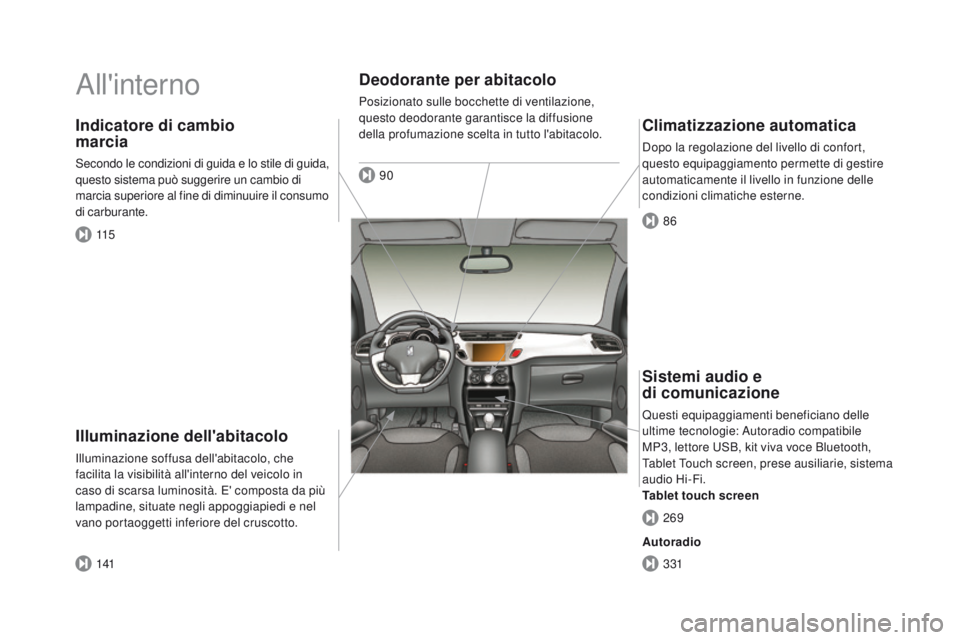 CITROEN DS3 2016 Libretti Di Uso E manutenzione (in Italian) DS3_it_Chap00b_vue-ensemble_ed01-2015
All'interno
Illuminazione dell'abitacolo
Illuminazione soffusa dell'abitacolo, che
facilita la visibilità all'interno del veicolo in
caso di sc CITROEN DS3 2016 Libretti Di Uso E manutenzione (in Italian) DS3_it_Chap00b_vue-ensemble_ed01-2015
All'interno
Illuminazione dell'abitacolo
Illuminazione soffusa dell'abitacolo, che
facilita la visibilità all'interno del veicolo in
caso di sc