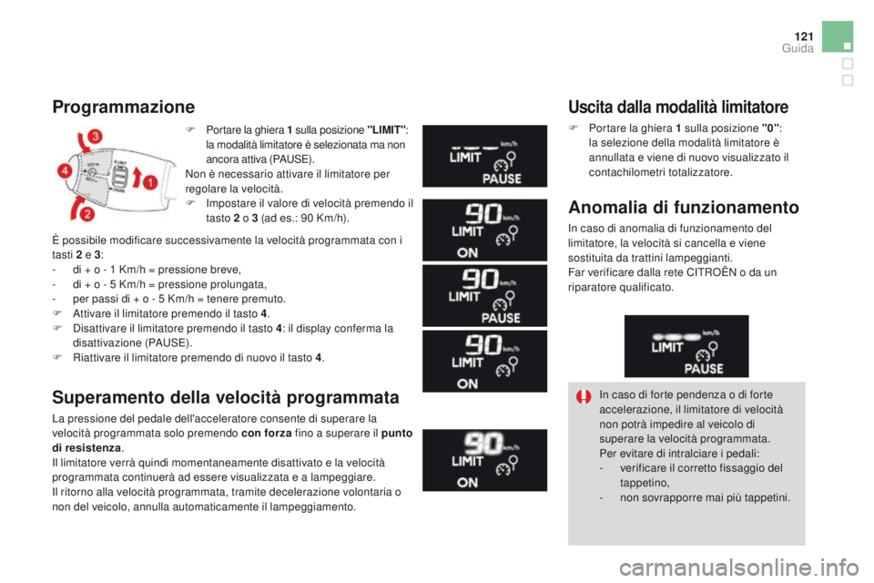 CITROEN DS3 2016 Libretti Di Uso E manutenzione (in Italian) 121
DS3_it_Chap04_conduite_ed01-2015
F Portare la ghiera 1 sulla posizione "LIMIT" :
la modalità limitatore è selezionata ma non
ancora attiva (PAUSE).
Non è necessario attivare il limita CITROEN DS3 2016 Libretti Di Uso E manutenzione (in Italian) 121
DS3_it_Chap04_conduite_ed01-2015
F Portare la ghiera 1 sulla posizione "LIMIT" :
la modalità limitatore è selezionata ma non
ancora attiva (PAUSE).
Non è necessario attivare il limita