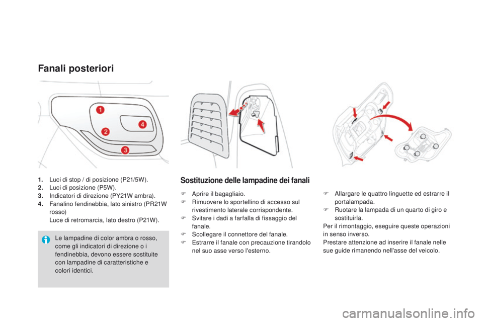 CITROEN DS3 2016 Libretti Di Uso E manutenzione (in Italian) DS3_it_Chap08_info-pratiques_ed01-2015
1. Luci di stop / di posizione (P21/5W).
2. Luci di posizione (P5W).
3.
I
ndicatori di direzione (PY21W ambra).
4.
F
analino fendinebbia, lato sinistro (PR21 CITROEN DS3 2016 Libretti Di Uso E manutenzione (in Italian) DS3_it_Chap08_info-pratiques_ed01-2015
1. Luci di stop / di posizione (P21/5W).
2. Luci di posizione (P5W).
3.
I
ndicatori di direzione (PY21W ambra).
4.
F
analino fendinebbia, lato sinistro (PR21