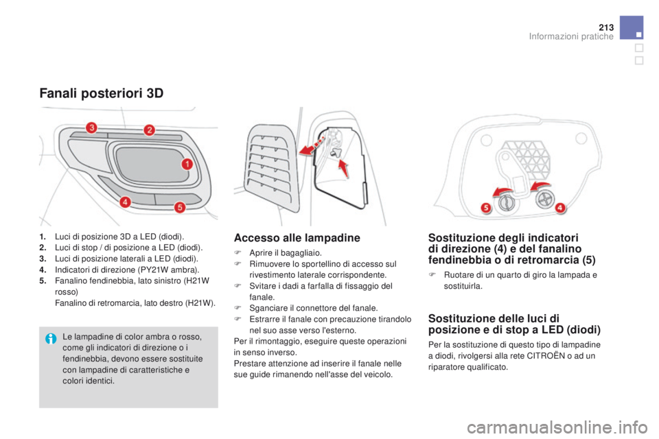 CITROEN DS3 2016 Libretti Di Uso E manutenzione (in Italian) 213
DS3_it_Chap08_info-pratiques_ed01-2015
Sostituzione degli indicatori
di direzione (4) e del fanalino
fendinebbia o di retromarcia (5)
F Ruotare di un quarto di giro la lampada e sostituirla.
Sos CITROEN DS3 2016 Libretti Di Uso E manutenzione (in Italian) 213
DS3_it_Chap08_info-pratiques_ed01-2015
Sostituzione degli indicatori
di direzione (4) e del fanalino
fendinebbia o di retromarcia (5)
F Ruotare di un quarto di giro la lampada e sostituirla.
Sos
