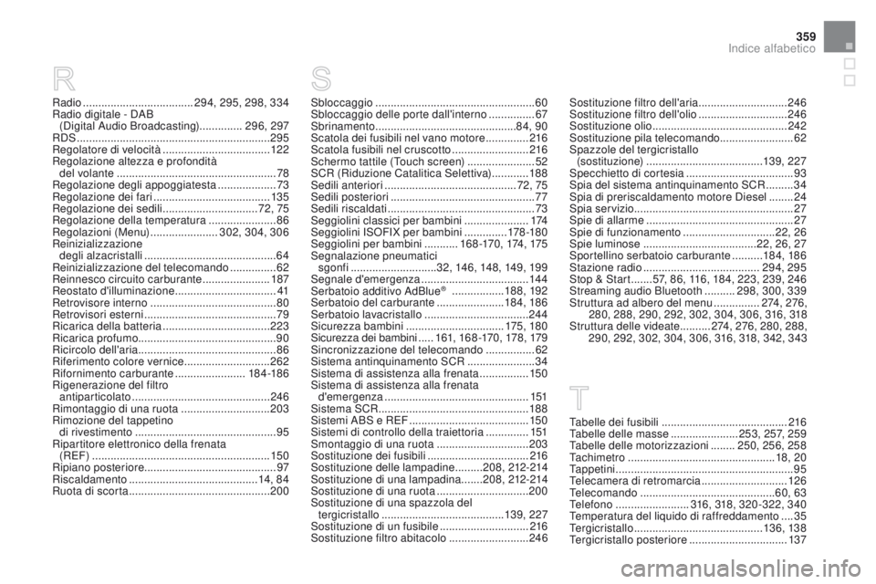 CITROEN DS3 2016 Libretti Di Uso E manutenzione (in Italian) 359
DS3_it_Chap12_index-recherche_ed01-2015
Radio .................................... 294, 295, 298, 334
Radio digitale - DAB (Digital Audio Broadcasting) ..............296, 297
RDS
............ CITROEN DS3 2016 Libretti Di Uso E manutenzione (in Italian) 359
DS3_it_Chap12_index-recherche_ed01-2015
Radio .................................... 294, 295, 298, 334
Radio digitale - DAB (Digital Audio Broadcasting) ..............296, 297
RDS
............