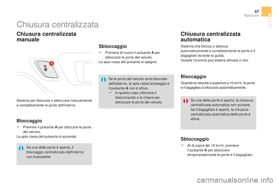 CITROEN DS3 2016 Libretti Di Uso E manutenzione (in Italian) 67
DS3_it_Chap02_ouvertures_ed01-2015
Sistema per bloccare o sbloccare manualmente
e completamente le porte dall'interno.
Chiusura centralizzata
Chiusura centralizzata
manuale
Sbloccaggio
F Prem CITROEN DS3 2016 Libretti Di Uso E manutenzione (in Italian) 67
DS3_it_Chap02_ouvertures_ed01-2015
Sistema per bloccare o sbloccare manualmente
e completamente le porte dall'interno.
Chiusura centralizzata
Chiusura centralizzata
manuale
Sbloccaggio
F Prem