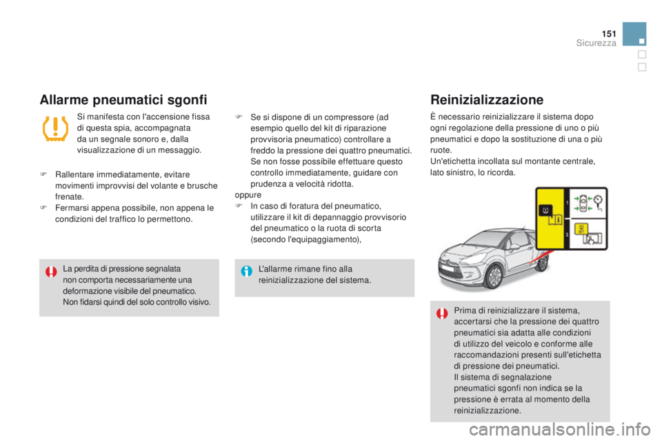 CITROEN DS3 2015 Libretti Di Uso E manutenzione (in Italian) 151
DS3_it_Chap08_securite_ed01-2014
L'allarme rimane fino alla
reinizializzazione del sistema.
La perdita di pressione segnalata
non comporta necessariamente una
deformazione visibile del pneu CITROEN DS3 2015 Libretti Di Uso E manutenzione (in Italian) 151
DS3_it_Chap08_securite_ed01-2014
L'allarme rimane fino alla
reinizializzazione del sistema.
La perdita di pressione segnalata
non comporta necessariamente una
deformazione visibile del pneu