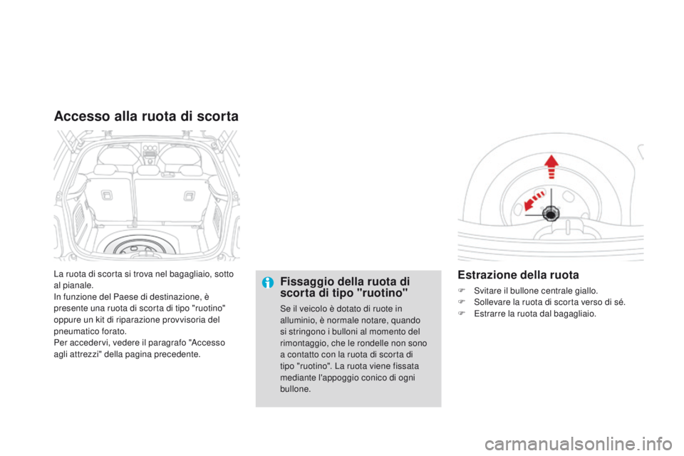 CITROEN DS3 2015 Libretti Di Uso E manutenzione (in Italian) DS3_it_Chap10_info-pratiques_ed01-2014
La ruota di scorta si trova nel bagagliaio, sotto
al pianale.
in f
unzione del Paese di destinazione, è
presente una ruota di scorta di tipo "ruotino" CITROEN DS3 2015 Libretti Di Uso E manutenzione (in Italian) DS3_it_Chap10_info-pratiques_ed01-2014
La ruota di scorta si trova nel bagagliaio, sotto
al pianale.
in f
unzione del Paese di destinazione, è
presente una ruota di scorta di tipo "ruotino"