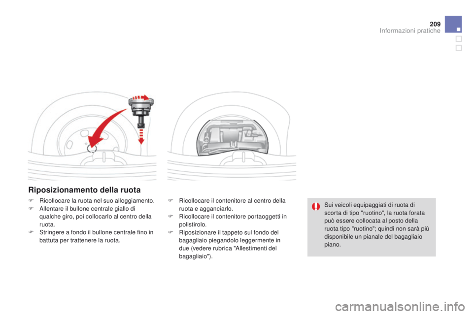 CITROEN DS3 2015 Libretti Di Uso E manutenzione (in Italian) 209
DS3_it_Chap10_info-pratiques_ed01-2014
Riposizionamento della ruota
F Ricollocare il contenitore al centro della ruota e agganciarlo.
F
R
icollocare il contenitore portaoggetti in
polistirolo. CITROEN DS3 2015 Libretti Di Uso E manutenzione (in Italian) 209
DS3_it_Chap10_info-pratiques_ed01-2014
Riposizionamento della ruota
F Ricollocare il contenitore al centro della ruota e agganciarlo.
F
R
icollocare il contenitore portaoggetti in
polistirolo.