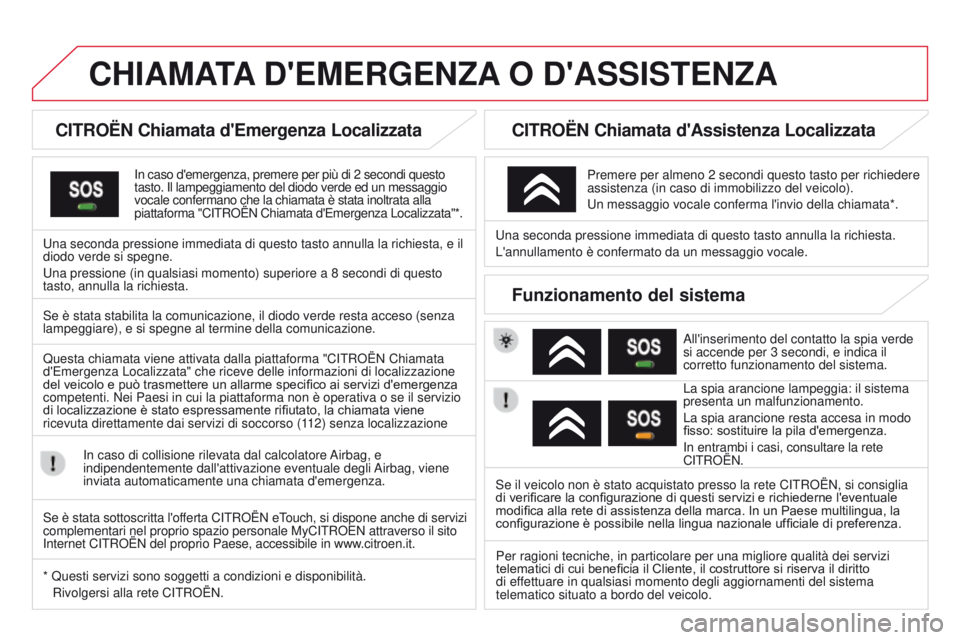 CITROEN DS3 2015 Libretti Di Uso E manutenzione (in Italian) DS3_it_Chap13a_BTa_ed01-2014
cHIAMATA D ' EMER g ENZA O D ' ASSISTENZA
cITROËN chiamata d'Emergenza Localizzata
in caso d'emergenza, premere per più di 2 secondi questo
tasto. i CITROEN DS3 2015 Libretti Di Uso E manutenzione (in Italian) DS3_it_Chap13a_BTa_ed01-2014
cHIAMATA D ' EMER g ENZA O D ' ASSISTENZA
cITROËN chiamata d'Emergenza Localizzata
in caso d'emergenza, premere per più di 2 secondi questo
tasto. i