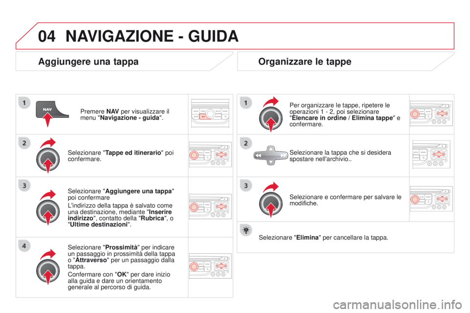 CITROEN DS3 2015 Libretti Di Uso E manutenzione (in Italian) 04
DS3_it_Chap13b_RT6-2-8_ed01-2014
Aggiungere una tappa
Premere N AV per visualizzare il
menu "Navigazione - guida ".
Selezionare " Tappe ed itinerario " poi
confermare.
Selezionare CITROEN DS3 2015 Libretti Di Uso E manutenzione (in Italian) 04
DS3_it_Chap13b_RT6-2-8_ed01-2014
Aggiungere una tappa
Premere N AV per visualizzare il
menu "Navigazione - guida ".
Selezionare " Tappe ed itinerario " poi
confermare.
Selezionare