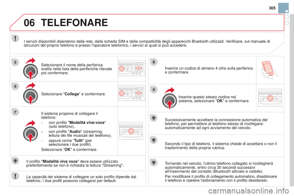 CITROEN DS3 2015 Libretti Di Uso E manutenzione (in Italian) 06
305
DS3_it_Chap13b_RT6-2-8_ed01-2014
TELEFONARE
Selezionare "collega" e confermare.
i
l sistema propone di collegare il
telefono:
-
con profilo " Modalità viva-voce
"
(solo t CITROEN DS3 2015 Libretti Di Uso E manutenzione (in Italian) 06
305
DS3_it_Chap13b_RT6-2-8_ed01-2014
TELEFONARE
Selezionare "collega" e confermare.
i
l sistema propone di collegare il
telefono:
-
con profilo " Modalità viva-voce
"
(solo t