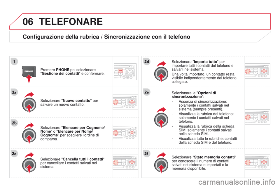 CITROEN DS3 2015 Libretti Di Uso E manutenzione (in Italian) 06
DS3_it_Chap13b_RT6-2-8_ed01-2014
TELEFONARE
configurazione della rubrica / Sincronizzazione con il telefono
Premere PHONE poi selezionare
"g estione dei contatti " e confermare.
Selezionar CITROEN DS3 2015 Libretti Di Uso E manutenzione (in Italian) 06
DS3_it_Chap13b_RT6-2-8_ed01-2014
TELEFONARE
configurazione della rubrica / Sincronizzazione con il telefono
Premere PHONE poi selezionare
"g estione dei contatti " e confermare.
Selezionar