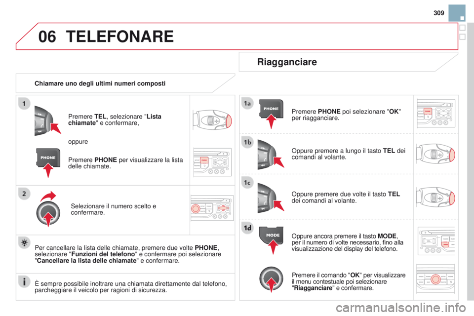 CITROEN DS3 2015 Libretti Di Uso E manutenzione (in Italian) 06
309
DS3_it_Chap13b_RT6-2-8_ed01-2014
TELEFONARE
chiamare uno degli ultimi numeri compostiPremere TEL, selezionare "Lista
chiamate" e confermare,
Selezionare il numero scelto e
confermare CITROEN DS3 2015 Libretti Di Uso E manutenzione (in Italian) 06
309
DS3_it_Chap13b_RT6-2-8_ed01-2014
TELEFONARE
chiamare uno degli ultimi numeri compostiPremere TEL, selezionare "Lista
chiamate" e confermare,
Selezionare il numero scelto e
confermare