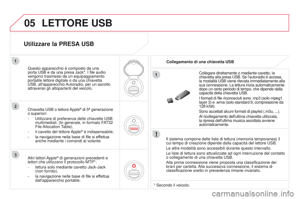CITROEN DS3 2015 Libretti Di Uso E manutenzione (in Italian) 05
DS3_it_Chap13c_RD45_ed01_2014
LETTORE USB
il sistema compone delle liste di lettura (memoria temporanea) il
cui tempo di creazione dipende dalla capacità del lettore u SB.
Le altre modalità son CITROEN DS3 2015 Libretti Di Uso E manutenzione (in Italian) 05
DS3_it_Chap13c_RD45_ed01_2014
LETTORE USB
il sistema compone delle liste di lettura (memoria temporanea) il
cui tempo di creazione dipende dalla capacità del lettore u SB.
Le altre modalità son