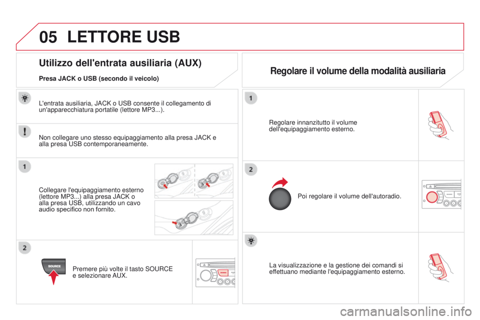 CITROEN DS3 2015 Libretti Di Uso E manutenzione (in Italian) 05
DS3_it_Chap13c_RD45_ed01_2014
La visualizzazione e la gestione dei comandi si
effettuano mediante l'equipaggiamento esterno.
Regolare innanzitutto il volume
dell'equipaggiamento esterno.
CITROEN DS3 2015 Libretti Di Uso E manutenzione (in Italian) 05
DS3_it_Chap13c_RD45_ed01_2014
La visualizzazione e la gestione dei comandi si
effettuano mediante l'equipaggiamento esterno.
Regolare innanzitutto il volume
dell'equipaggiamento esterno.