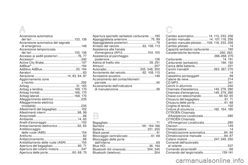 CITROEN DS3 2015 Libretti Di Uso E manutenzione (in Italian) DS3_it_Chap14_index-recherche_ed01-2014
accensione automatica dei fari ................................................. 13 3, 13 6
ac
censione automatica del segnale
di
emergenza
......... CITROEN DS3 2015 Libretti Di Uso E manutenzione (in Italian) DS3_it_Chap14_index-recherche_ed01-2014
accensione automatica dei fari ................................................. 13 3, 13 6
ac
censione automatica del segnale
di
emergenza
.........