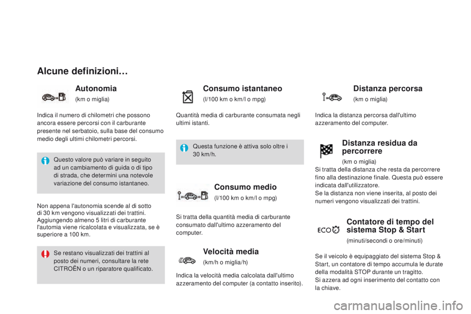 CITROEN DS3 2015  Libretti Di Uso E manutenzione (in Italian) DS3_it_Chap01_controle-de-marche_ed01-2014
Alcune definizioni…
Autonomia
(km o miglia)
consumo istantaneo
(l/100 km o km/l o mpg)
contatore di tempo del 
sistema Stop & Start
(minuti/secondi o ore/m