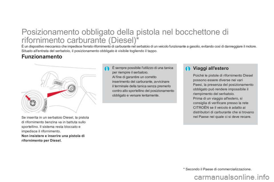 CITROEN DS3 2014  Libretti Di Uso E manutenzione (in Italian)    
*  
 Secondo il Paese di commercializzazione.
 
 
 
 
 
 
 
 
 
 
 
 
 
 
 
 
 
Posizionamento obbligato della pistola nel bocchettone di 
rifornimento carburante (Diesel) *  
È un dispositivo me