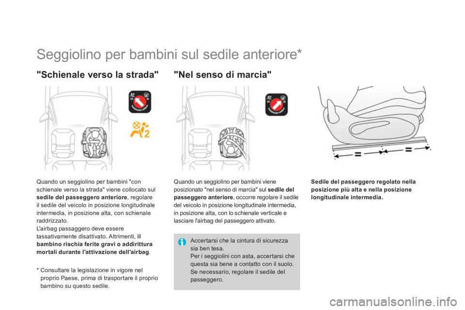 CITROEN DS3 2014 Libretti Di Uso E manutenzione (in Italian)
Seggiolino per bambini sul sedile anteriore *
"Schienale verso la strada"
"Nel senso di marcia"
Sedile del passeggero regolato nellaposizione più alta e nella posizionelongit CITROEN DS3 2014 Libretti Di Uso E manutenzione (in Italian)
Seggiolino per bambini sul sedile anteriore *
"Schienale verso la strada"
"Nel senso di marcia"
Sedile del passeggero regolato nellaposizione più alta e nella posizionelongit