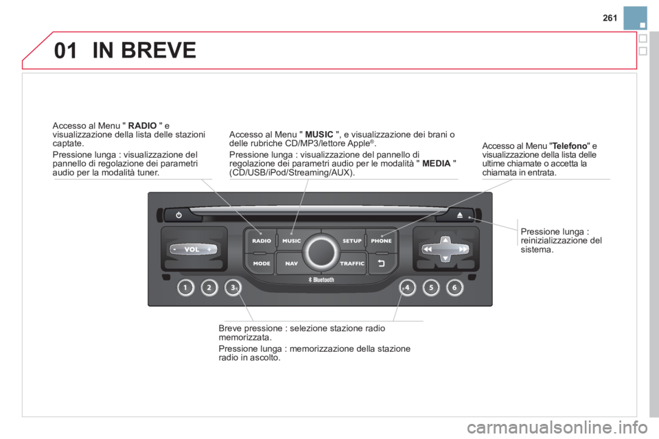 CITROEN DS3 2014 Libretti Di Uso E manutenzione (in Italian) 261
01
Pressione lunga :
reinizializzazione del sistema.
Accesso al Menu "Telefono" evisualizzazione della lista delle ultime chiamate o accetta lachiamata in entrata.
IN BREVE
Breve CITROEN DS3 2014 Libretti Di Uso E manutenzione (in Italian) 261
01
Pressione lunga :
reinizializzazione del sistema.
Accesso al Menu "Telefono" evisualizzazione della lista delle ultime chiamate o accetta lachiamata in entrata.
IN BREVE
Breve