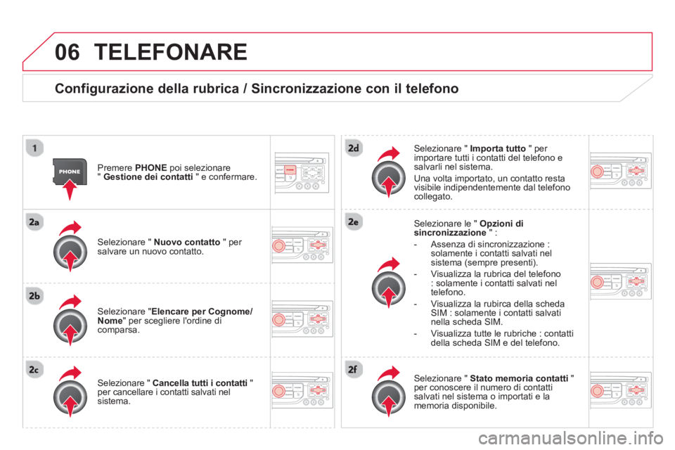 CITROEN DS3 2014 Libretti Di Uso E manutenzione (in Italian) 06TELEFONARE
Configurazione della rubrica / Sincronizzazione con il telefono
Premere PHONEpoi selezionare
" Gestione dei contatti
" e confermare.
Selezionare " Nuovo contatto
" pe CITROEN DS3 2014 Libretti Di Uso E manutenzione (in Italian) 06TELEFONARE
Configurazione della rubrica / Sincronizzazione con il telefono
Premere PHONEpoi selezionare
" Gestione dei contatti
" e confermare.
Selezionare " Nuovo contatto
" pe