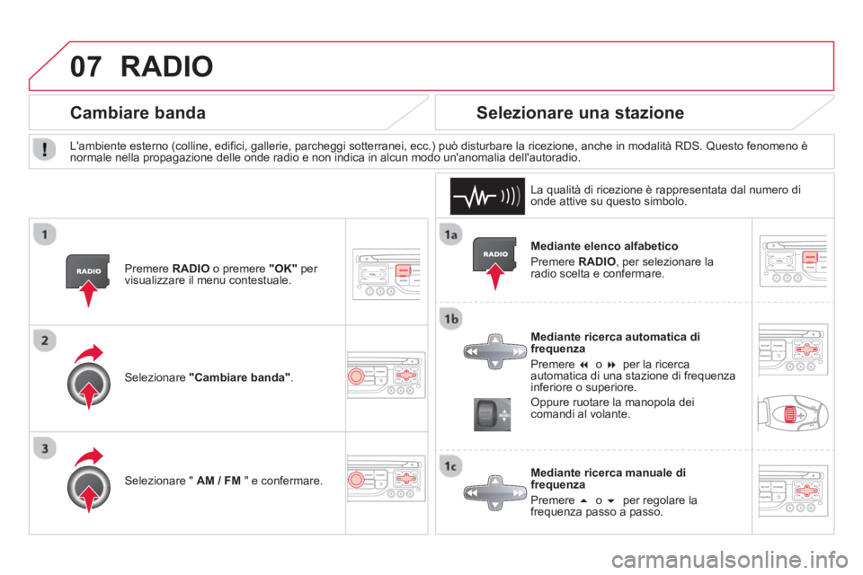 CITROEN DS3 2014  Libretti Di Uso E manutenzione (in Italian) 07RADIO 
   
Mediante elenco alfabetico 
  Pr
emere  RADIO, per selezionare la
radio scelta e confermare.  
   
Mediante ricerca automatica di
frequenza 
 
Premere  �  o �per la ricerca
automatica d
