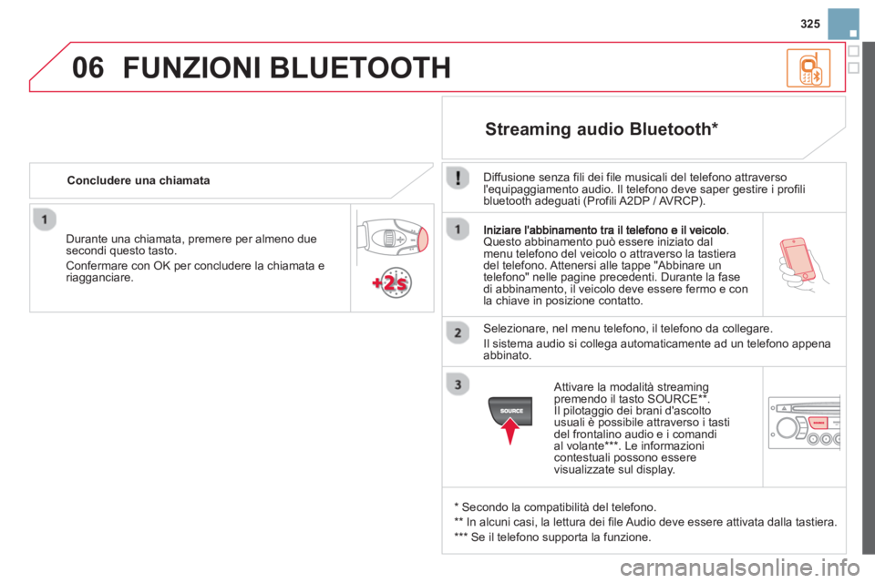CITROEN DS3 2014 Libretti Di Uso E manutenzione (in Italian) 325
06
Questo abbinamento può essere iniziato dal
menu telefono del veicolo o attraverso la tastiera
del telefono. Attenersi alle tappe "Abbinare un
telefono" nelle pagine precedenti. Durante la fa CITROEN DS3 2014 Libretti Di Uso E manutenzione (in Italian) 325
06
Questo abbinamento può essere iniziato dal
menu telefono del veicolo o attraverso la tastiera
del telefono. Attenersi alle tappe "Abbinare un
telefono" nelle pagine precedenti. Durante la fa