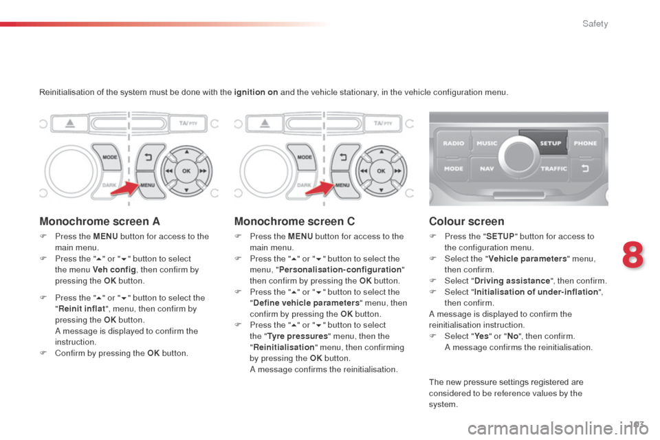 Citroen C3 RHD 2014 2.G Owners Manual 103
Reinitialisation of the system must be done with the ignition on and the vehicle stationary, in the vehicle configuration menu.
Monochrome screen A
F Press the MENU button for access to the 
main 
