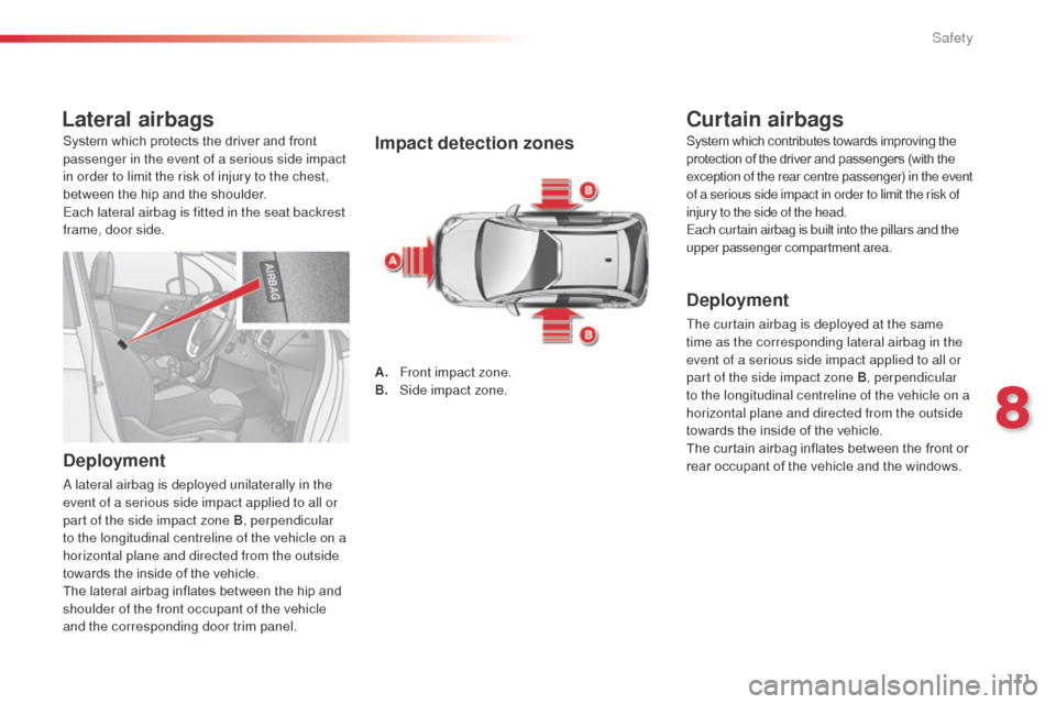 Citroen C3 RHD 2014 2.G Owners Manual 111
Lateral airbags
Deployment
a lateral airbag is deployed unilaterally in the 
e vent of a serious side impact applied to all or 
part of the side impact zone B, perpendicular 
to the longitudinal c