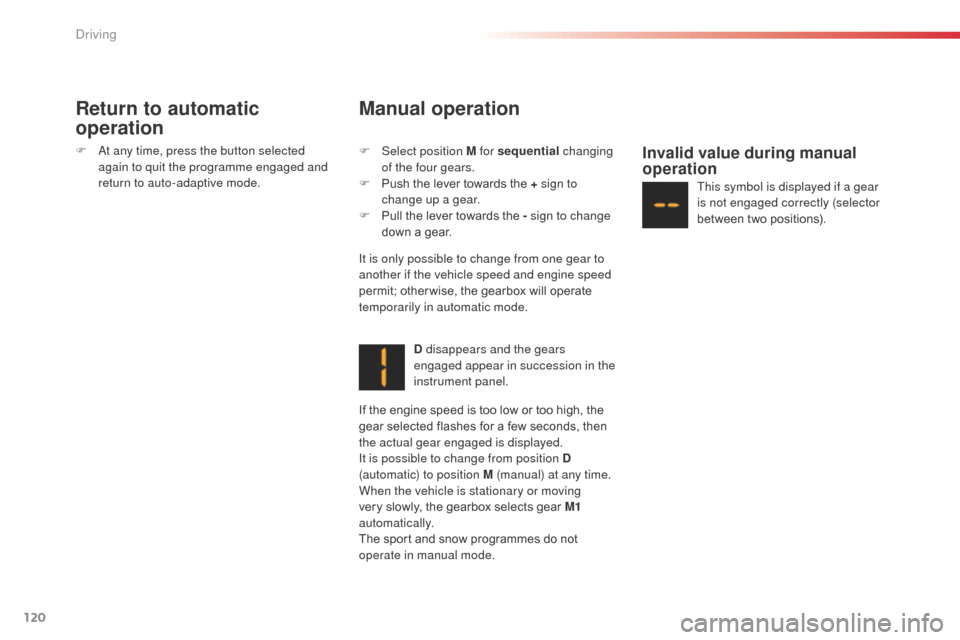 Citroen C3 RHD 2014 2.G Owners Guide 120
Manual operation
It is only possible to change from one gear to
another if the vehicle speed and engine speed
permit; other wise, the gearbox will operate
temporarily in automatic mode.D disapp Citroen C3 RHD 2014 2.G Owners Guide 120
Manual operation
It is only possible to change from one gear to
another if the vehicle speed and engine speed
permit; other wise, the gearbox will operate
temporarily in automatic mode.D disapp