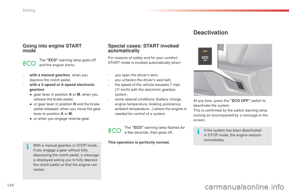 Citroen C3 RHD 2014 2.G Owners Guide 124
Going into engine START  
mode
The "ECO" warning lamp goes off 
and the engine starts:
-
 
w

ith a manual gearbox , when you 
depress the clutch pedal,
-
 
w

ith a 5-speed or 6-speed electronic 