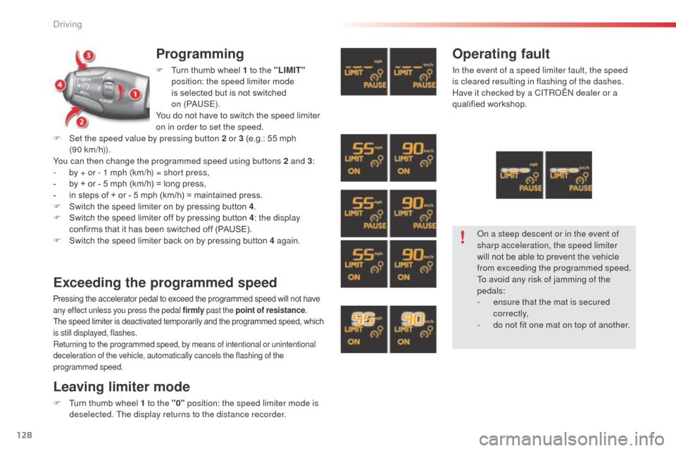Citroen C3 RHD 2014 2.G Owners Manual 128
Programming
F Turn thumb wheel 1 to the "LIMIT" 
position: the speed limiter mode 
is selected but is not switched 
on
 

(P a
U
 S E).
You do not have to switch the speed limiter 
on in order to 