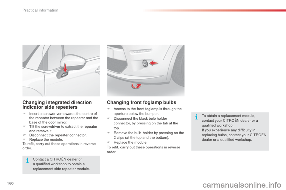 Citroen C3 RHD 2014 2.G Owners Manual 160
Changing integrated direction
indicator side repeaters
F Insert a screwdriver towards the centre of the repeater between the repeater and the
base of the door mirror.
F
T
ilt the screwdriver Citroen C3 RHD 2014 2.G Owners Manual 160
Changing integrated direction
indicator side repeaters
F Insert a screwdriver towards the centre of the repeater between the repeater and the
base of the door mirror.
F
T
ilt the screwdriver