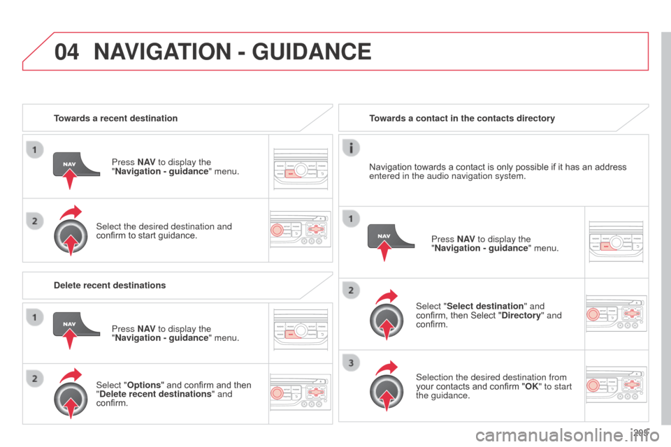 Citroen C3 RHD 2014 2.G Owners Manual 04
205
Towards a recent destination
Press N AV to display the
"Navigation - guidance " menu.
Select the desired destination and
confirm to start guidance. Towards a contact in the contacts directory Citroen C3 RHD 2014 2.G Owners Manual 04
205
Towards a recent destination
Press N AV to display the
"Navigation - guidance " menu.
Select the desired destination and
confirm to start guidance. Towards a contact in the contacts directory