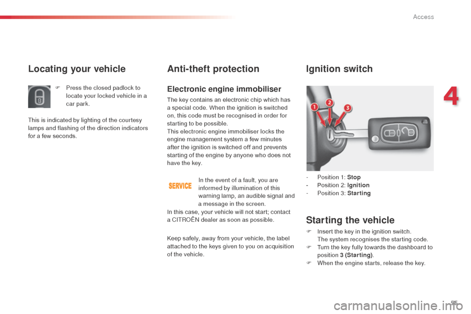Citroen C3 RHD 2014 2.G Workshop Manual 55
Anti-theft protection
Electronic engine immobiliser
The key contains an electronic chip which has 
a special code. When the ignition is switched 
on, this code must be recognised in order for 
star