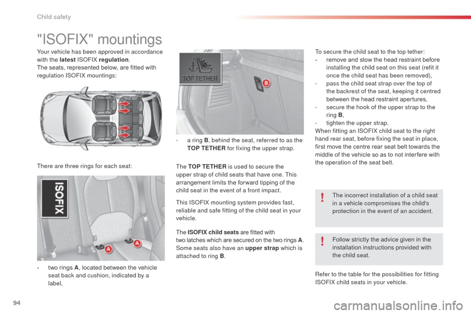 Citroen C3 RHD 2014 2.G Owners Manual 94
Your vehicle has been approved in accordance
with the latest ISoFIX regulation.
The seats, represented below, are fitted with
regulation IS
oF
IX mountings:
-
t
wo rings A , located between t Citroen C3 RHD 2014 2.G Owners Manual 94
Your vehicle has been approved in accordance
with the latest ISoFIX regulation.
The seats, represented below, are fitted with
regulation IS
oF
IX mountings:
-
t
wo rings A , located between t