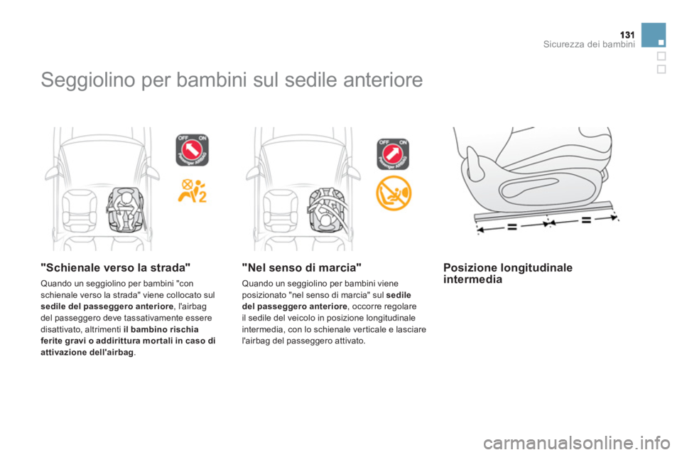 CITROEN DS3 2013 Libretti Di Uso E manutenzione (in Italian) Sicurezza dei bambini
Seggiolino per bambini sul sedile anteriore
"Schienale verso la strada"
Quando un seggiolino per bambini "con schienale verso la strada" viene collocato sul
sedile del CITROEN DS3 2013 Libretti Di Uso E manutenzione (in Italian) Sicurezza dei bambini
Seggiolino per bambini sul sedile anteriore
"Schienale verso la strada"
Quando un seggiolino per bambini "con schienale verso la strada" viene collocato sul
sedile del