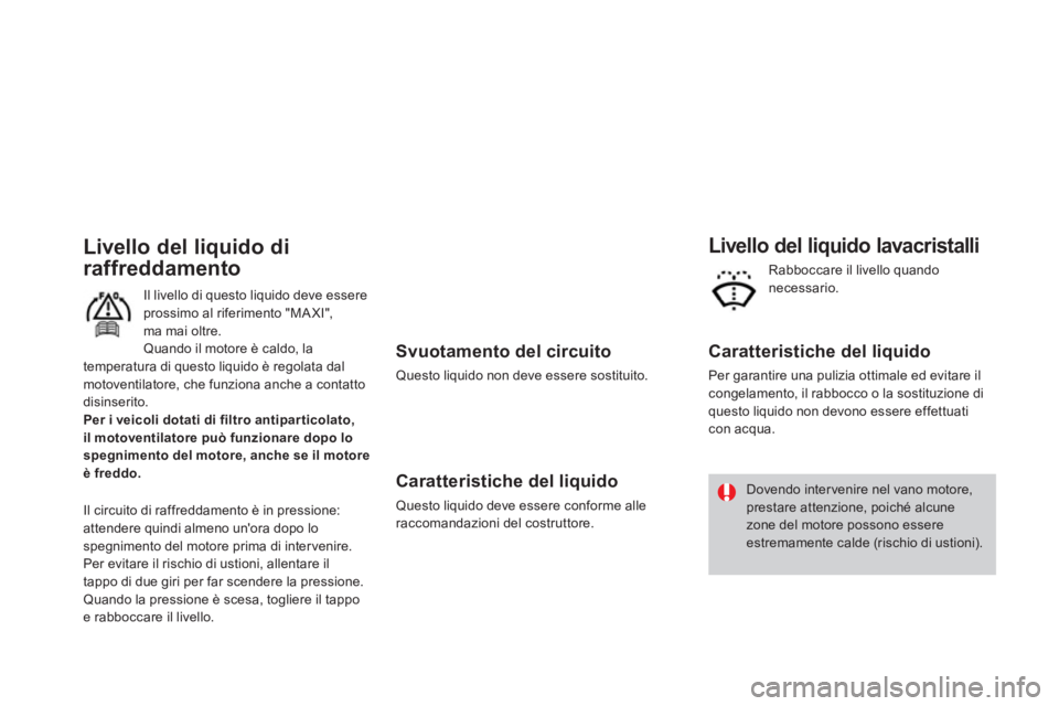 CITROEN DS3 2013  Libretti Di Uso E manutenzione (in Italian)    Svuotamento del circuito 
 
Questo liquido non deve essere sostituito.
 
 
Caratteristiche del liquido 
 Questo liquido deve essere conforme alle raccomandazioni del costruttore.  
 
 
 
Livello de